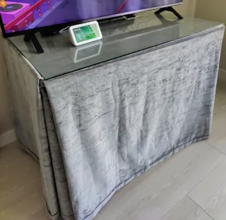 Mesa camilla+tela gris+cristal