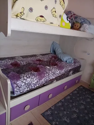 Cama litera con escaleras moradas