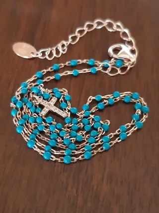 Collana Argento Rosato con Croce e Perline Blu