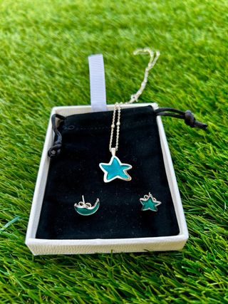 Conjunto Plata Ley Estrellas Luna Esmalte