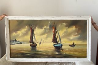 Cuadro Lienzo Barcos Marineros Azul