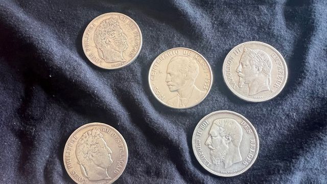 5 Monedas de Plata Francesas y Belga. Plata 900