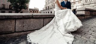 Vestido Novia Encaje Cola Talla S Corte A