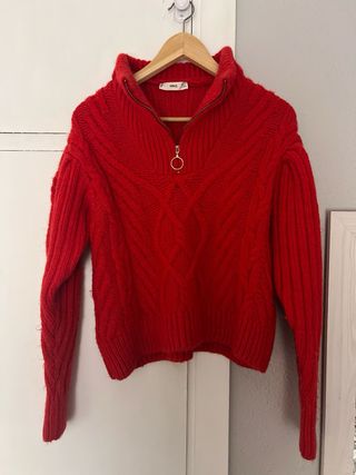 Jersey Mango rojo cremallera y trenzas