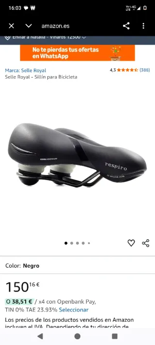 Sillín Bici Selle Royal Negro