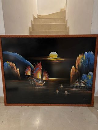 Cuadro Asiático Noche Luna Barcos