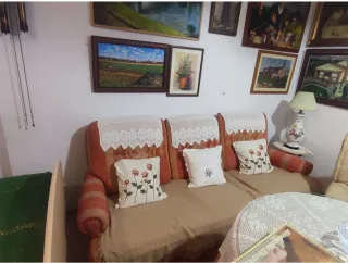 Sofá 3 plazas tela beige y naranja