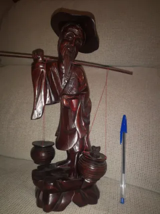 Figuras orientales madera tallada, pescador. 1970