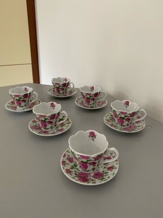 Set 6 Tazzine Caffè Porcellana Fiori Rosa