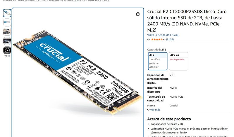 Crucial P2 SSD 2TB M.2 NVMe PCIe Gen3 afbeelding 2