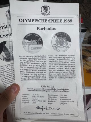 Lote 2 Monedas Plata Olímpicas 1988 Cayman Barbado