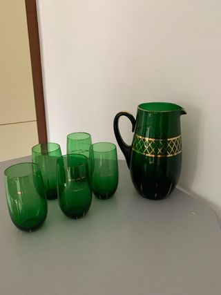 Caraffa e 5 Bicchieri Vetro Verde Oro vintage
