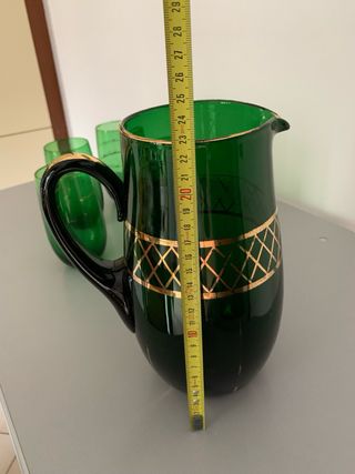 Caraffa e 5 Bicchieri Vetro Verde Oro vintage
