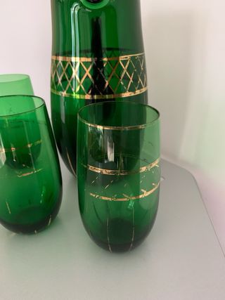 Caraffa e 5 Bicchieri Vetro Verde Oro vintage