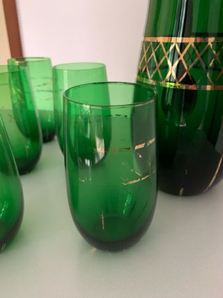 Caraffa e 5 Bicchieri Vetro Verde Oro vintage