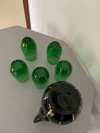 Caraffa e 5 Bicchieri Vetro Verde Oro vintage