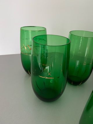 Caraffa e 5 Bicchieri Vetro Verde Oro vintage