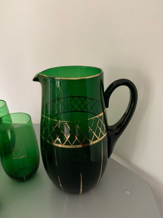 Caraffa e 5 Bicchieri Vetro Verde Oro vintage