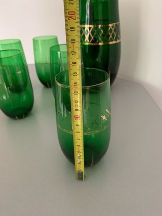 Caraffa e 5 Bicchieri Vetro Verde Oro vintage