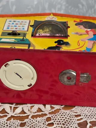 Hucha antigua PTT casa de hojalata,juguete antiguo