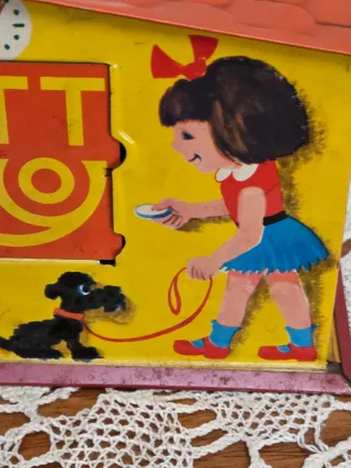 Hucha antigua PTT casa de hojalata,juguete antiguo