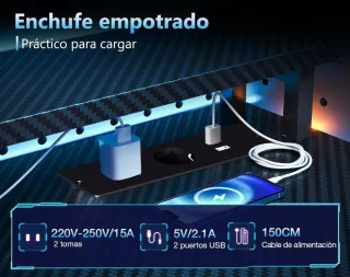 Mesa Gaming LED 151x50 Cajones y enchufes