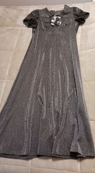 Vestido fiesta alta costura plateado talla 46