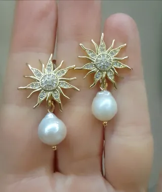 Orecchini Sole zirconi con Perla Barocca