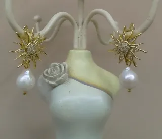 Orecchini Sole zirconi con Perla Barocca