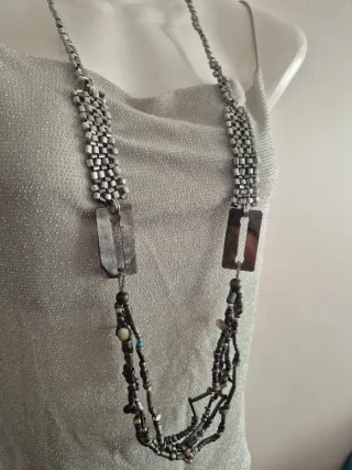 Colar Comprido Missangas Prateado