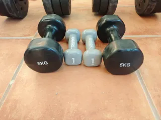 Set de pesas barra, discos y mancuernas