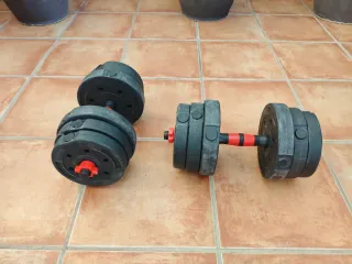 Set de pesas barra, discos y mancuernas