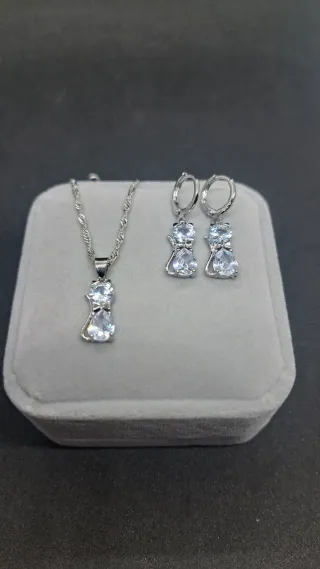 Conjunto Gatito Collar y Pendientes Plata 925