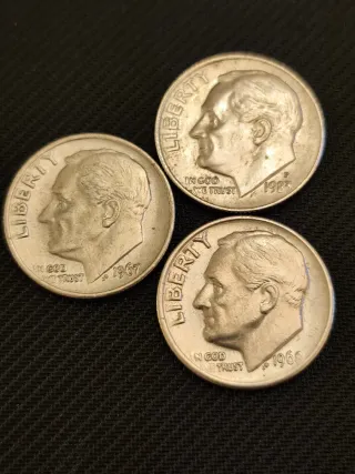 Lote 3 Monedas 10 Céntimos EE. UU. Roosevelt Dime