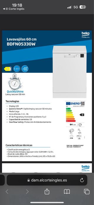 Lavavajillas Beko 13 servicios