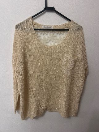 Jersey de punto beige con encaje y lentejuelas