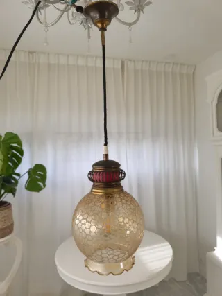 Lámpara Vintage Cristal Dorado y Rojo