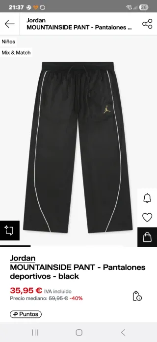 Pantalón Jordan Negro Talla 13-15 Años