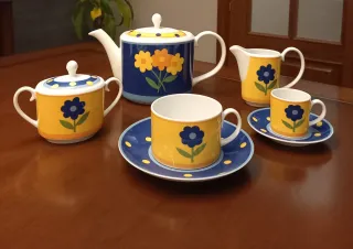 Vajilla cerámica porcelana azul y amarilla.