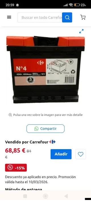 Batería Coche 45Ah 400A(EN) 12V Carrefour