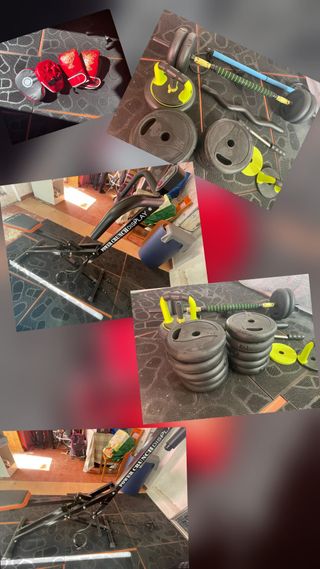 Equipo de gimnasio: pesas, barras y máquina