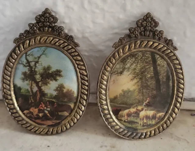 2 Cuadros Antiguos Bronce Seda Italiana