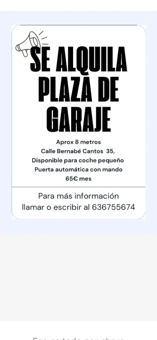 Se alquila plaza de garaje coche pequeño