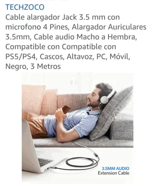 Cable Alargador Jack 3.5mm 4 Pines Negro 3m