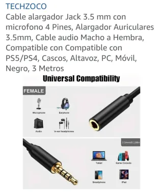 Cable Alargador Jack 3.5mm 4 Pines Negro 3m