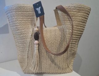 Mala de palhinha bege e castanha