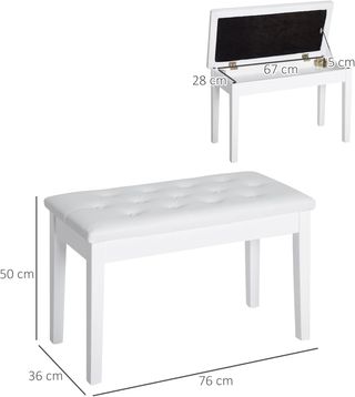 Taburete de Piano Profesional con Vano de Almacenamiento Ecopiel, Madera 76 × 36 × 50Cm Blanco
