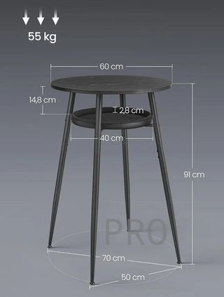 Tavolo da bar con spazio di archiviazione, tavolo alto rotondo, in similpelle con cuciture, stile Mid-Century Modern, cucina, bar a casa, facile da montare, nero ebano-nero inchiostro LBT023B01