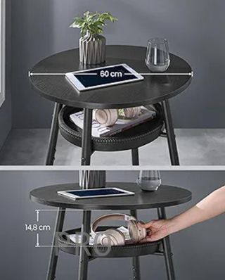 Tavolo da bar con spazio di archiviazione, tavolo alto rotondo, in similpelle con cuciture, stile Mid-Century Modern, cucina, bar a casa, facile da montare, nero ebano-nero inchiostro LBT023B01