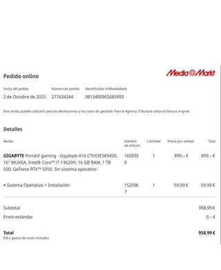 Portátil Gigabyte i7-13620H 16GB RAM